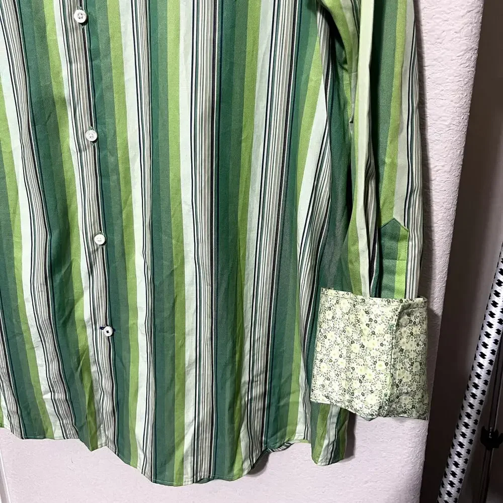 Banana Republic Green Stripe Dress Shirt button up flip contrast cuffs L 16/16.5